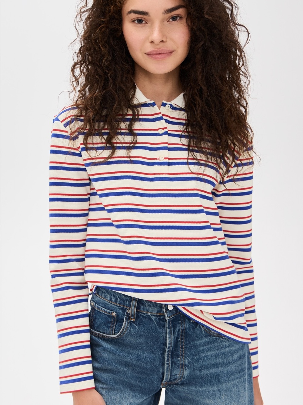 NWT- ENGLISH FACTORY Striped Long-Sleeve PoloTop in Cream with Red & Blue